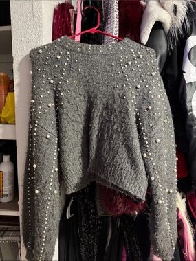 Zara Gray Pearl-Embellished Crewneck Sweater